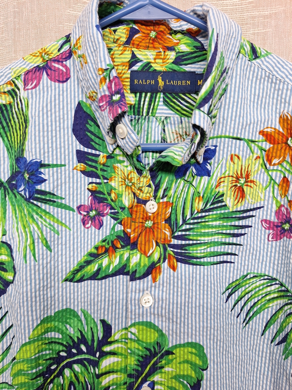 Ralph Lauren Mens Blue Striped Button-Down with Green, Orange & Yellow Floral - Picture 2 of 12